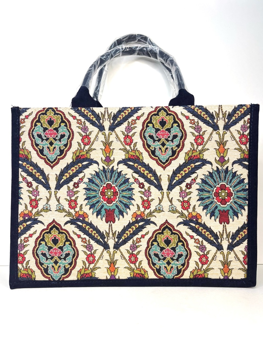 Turkish Tapestry Structured Tote Bag Floral Bohemian Navy Trim